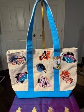 NWT America & Beyond Beaded Tropical Fish Canvas Tote Bag Blue